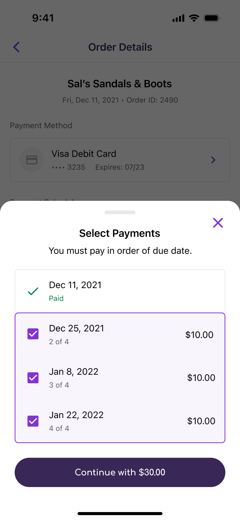 Bundled payments selection sheet in the Sezzle app, with three payments selected